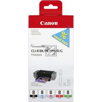 Canon Tintenpatrone photo cyan, photo magenta, schwarz, rot, grün (0620B027, CLI-8BK, CLI-8G, CLI-8PC, CLI-8PM, CLI-8R)