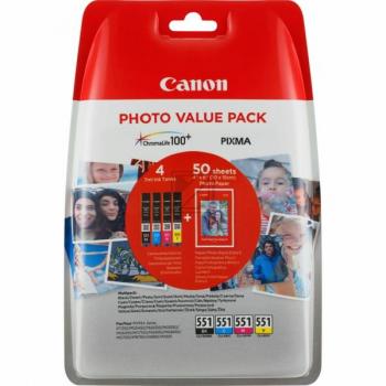 ORIGINAL Canon Value Pack Schwarz / Cyan / Magenta / Gelb CLI-551 Photo Value Pack 6508B005 4 Tintenpatronen: CLI-551BK + CLI-551C + CLI-551M + CLI-551Y + 50 Blatt 10 x 15 cm Foto Papier glossy