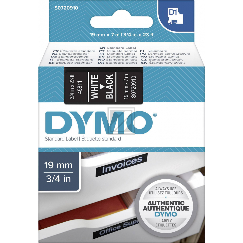 Dymo 45811 / S0720910 D1-Band 19mm weiß auf schwarz